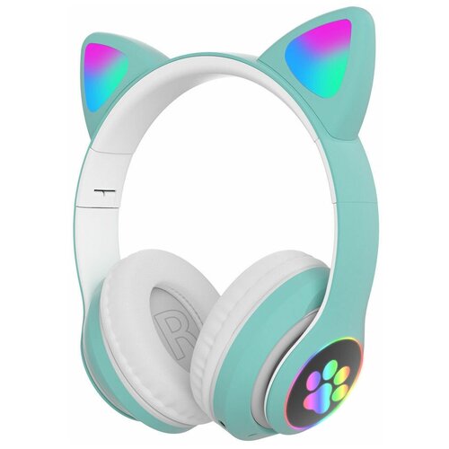 Беспроводные наушники Cat Ear P33M с bluetooth и светящимися кошачьими ушками и лапками, мятный