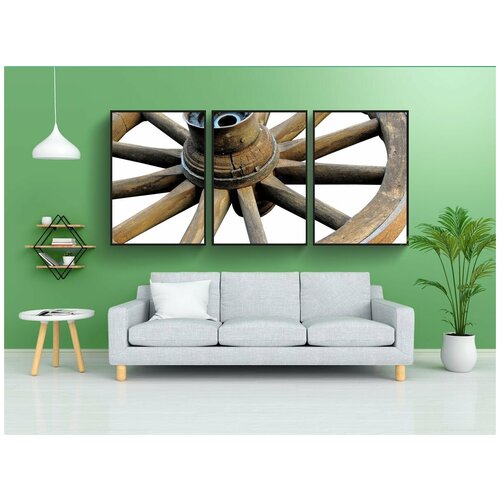 фото Модульный постер "деревянный руль, колесо, вагон колесо" 180x90 см. из 3х частей в тубусе, без рамки lotsprints