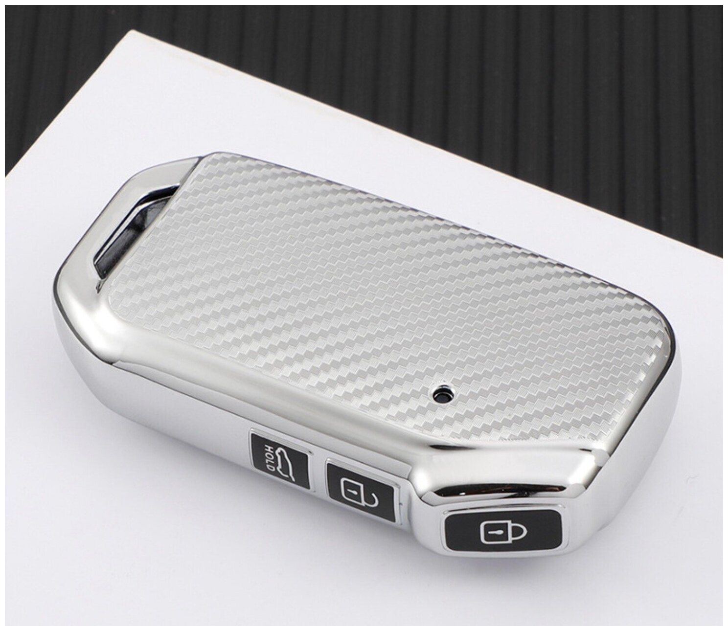 Белый чехол брелок с пряжкой высокого качества для ключа автомобиля KIA К5 Sorento 5 кнопок карбон. Защитный чехол футляр кейс для смарт ключа дист.
