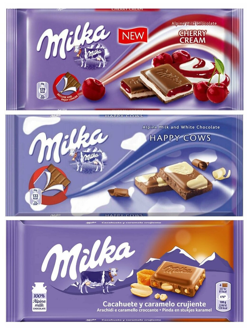 Шоколад Milka Cherry Cream + Happy Cow + Peanut Crispy Caramel (3 шт)