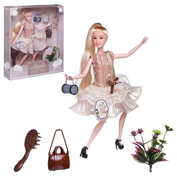 Кукла ABtoys Современный шик в платье без рукавов с плиссированной юбкой, коричневая сумка, светлые волосы 30см