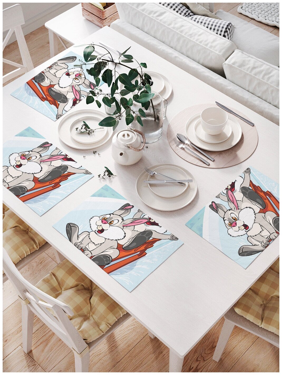 Комплект салфеток JoyArty "Кролики на санках" для сервировки стола (32х46 см, 4 шт.)