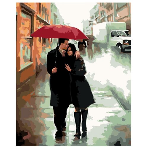 Картина по номерам, Живопись по номерам, 60 x 75, DA03, Влюблённые, дождь, зонт, здание, романтика, живопись
