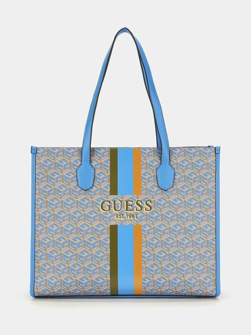 Сумка  шоппер GUESS GUESS-ORIGINAL-SUN-BLUE-green повседневная, экокожа, полиуретан, внутренний карман, мультиколор, зеленый