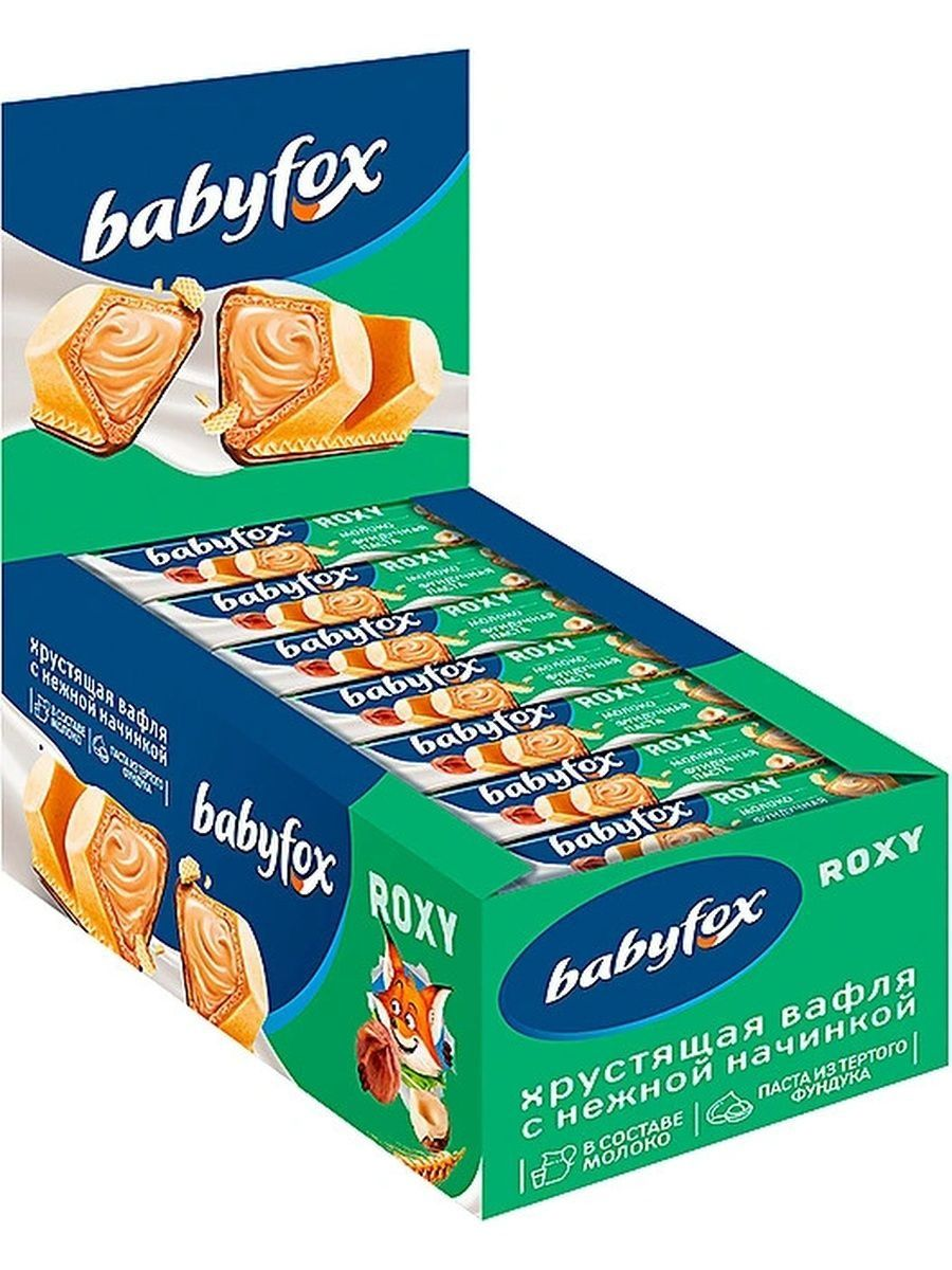 Вафельный батончик BabyFox "ROXY" (Бэби Фокс) в молочном шоколаде с молочно-ореховой начинкой на основе фундучной пасты, 24 штуки по 18 грамм