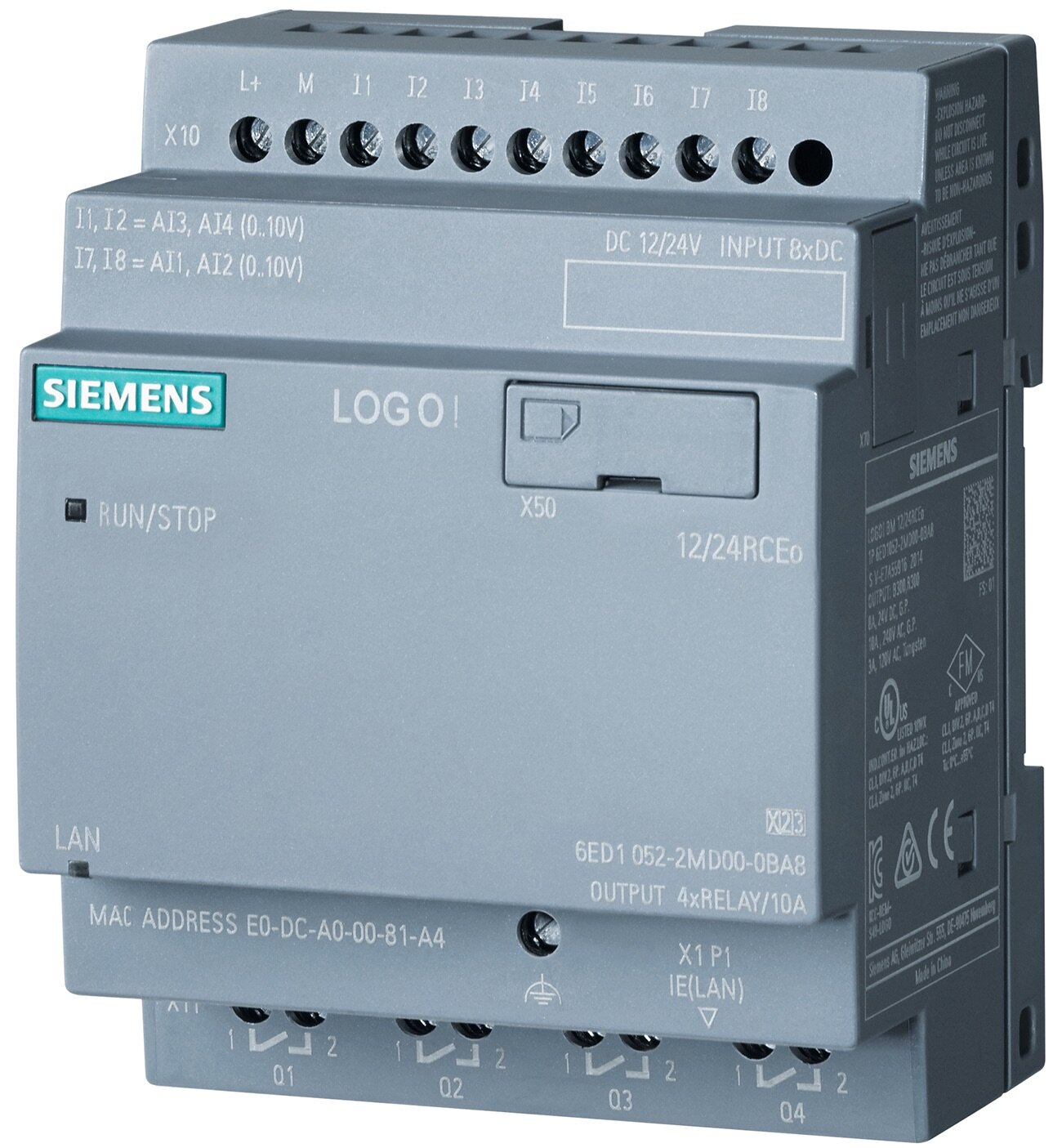 SIEMENS Микроконтроллер 6ED1052-2MD08-0BA1 LOGO! 12/24RCEO 8 DI (4 AI)/4 DO без дисплея