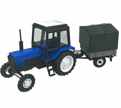 Трактор МТЗ-82 пластмасса сине-черный с прицепом тент 1:43