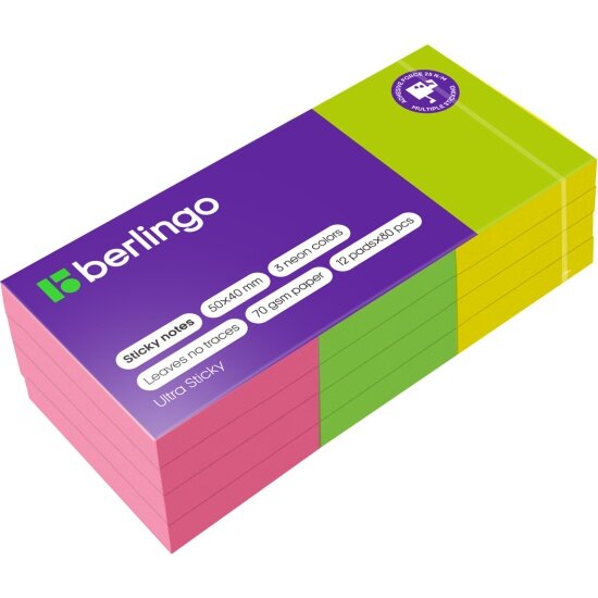 Бумага для заметок Berlingo с клеевым краем Ultra Sticky, 50*40 мм, 12 блоков по 80 л, 3 неоновых цвета