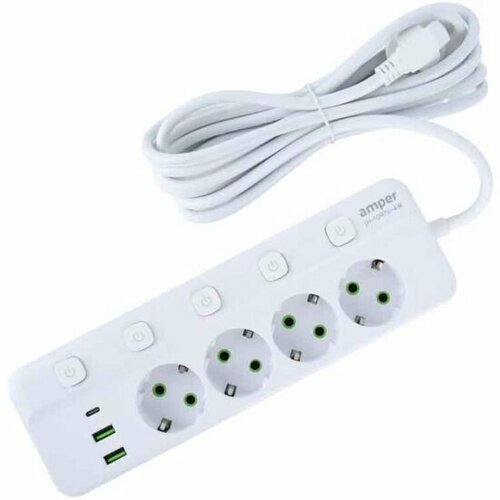 Сетевой удлинитель с USB Amper JH-1097U-4W 4 розетки, 2usb, 1Type-C, 4кн, 2500 Вт, 10А, 4,0м, 3*0,75мм, белый.