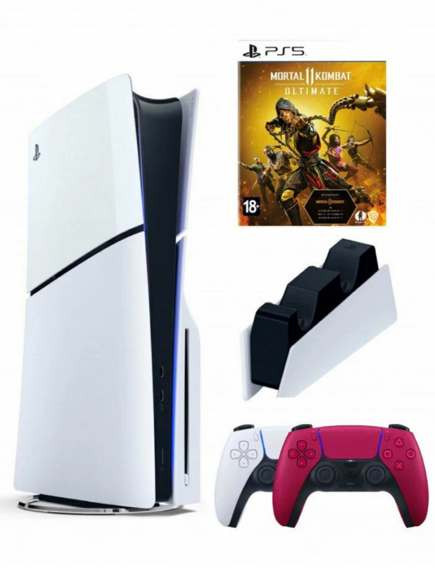 Приставка Sony PlayStation 5 Slim, с дисководом, 1ТБ, зарядная станция, 2й геймпад красный, игра Mortal Combat 11