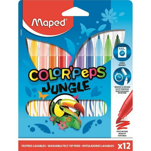 Фломастеры 12 цв. MAPED JUNGLE смываемые, в картоне