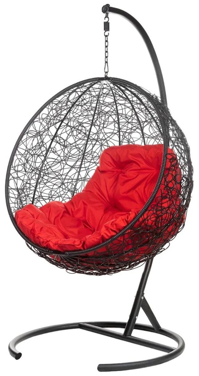 Кресло подвесное Bigarden "Kokos", черное, со стойкой, красная подушка (чехол в подарок) - фотография № 1