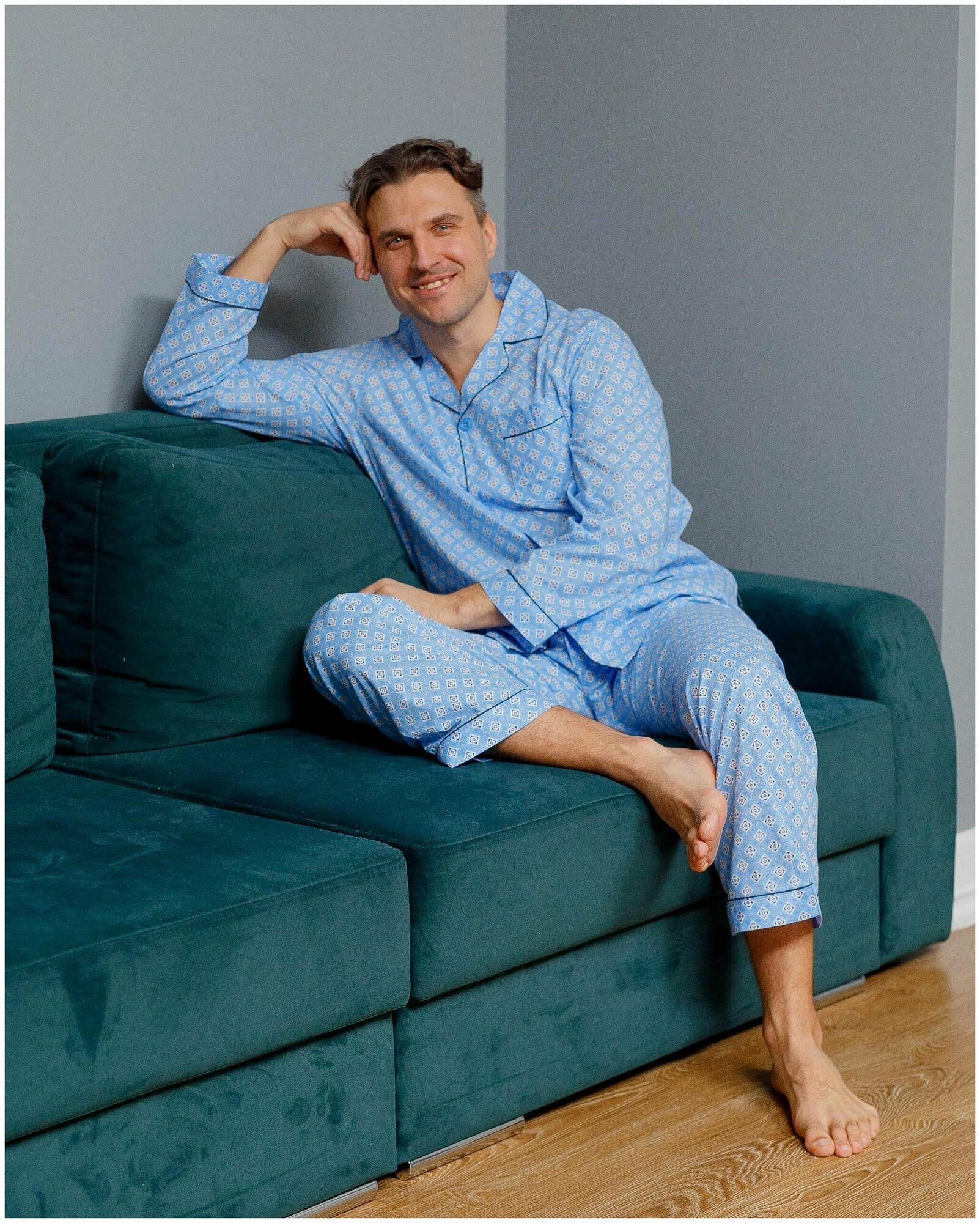 Пижама мужская с брюками и рубашкой с длинным рукавом хлопок Global - фотография № 1