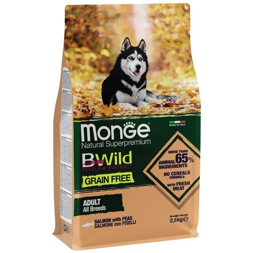 Сухой корм для собак Monge BWILD Feed the Instinct, лосось, с горошком 1 уп. х 1 шт. х 2.5 кг сухой корм для собак monge bwild feed the instinct утка с картофелем 1 уп х 1 шт х 2 5 кг