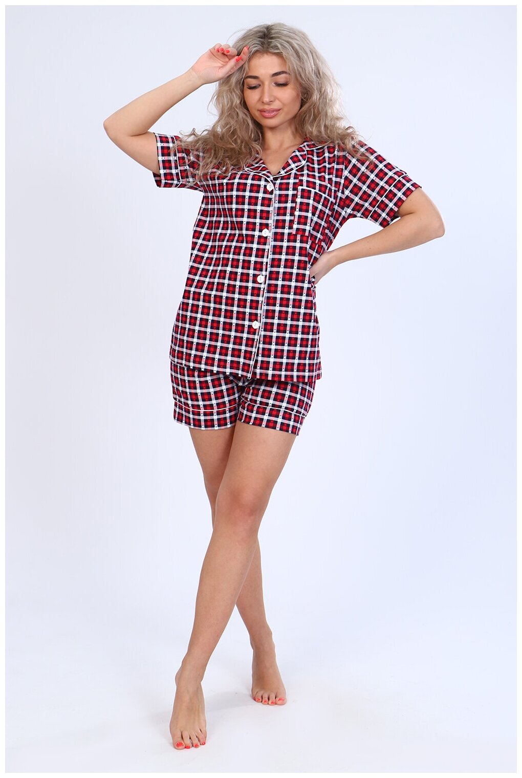 Женская домашняя пижама/костюм в клетку (рубашка+ шорты), размер 46 - фотография № 12