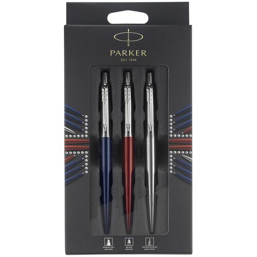 фото Набор parker jotter london trio: гелевая ручка red ct + шариковая ручка blue ct + карандаш stainless steel ct