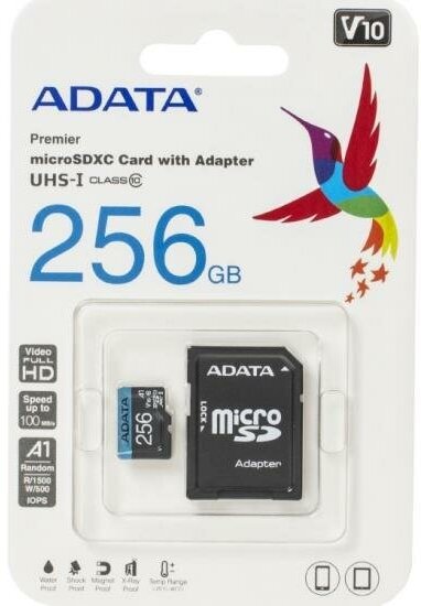 Карта памяти MICRO SDXC 256GB W/AD. AUSDX256GUICL10A1-RA1 ADATA