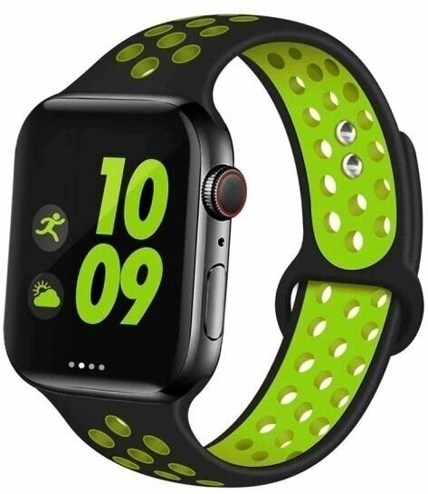 Ремешок для смарт-часов Apple Watch Series 1 2 3 4 SE 5 6 7 8 Nike силиконовый найк перфорация браслет 38/40/41 мм, черный салатовый