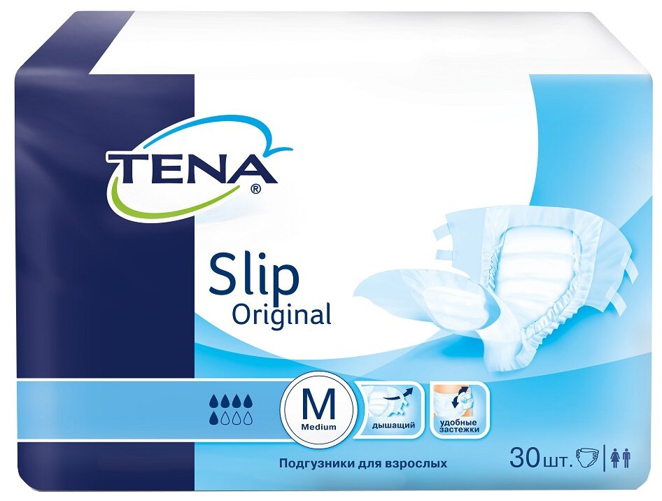 Подгузники для взрослых TENA Slip Original, M, 75 х 120 см, 5 капель, 80-120 см, 1 уп. по 30 шт.
