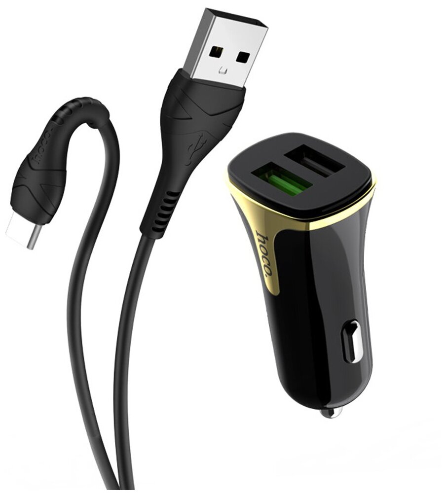 Автомобильное зарядное устройство (АЗУ) Hoco Z31 QC 3.0 (2 USB) + кабель Type-C, 3.4 А, черный