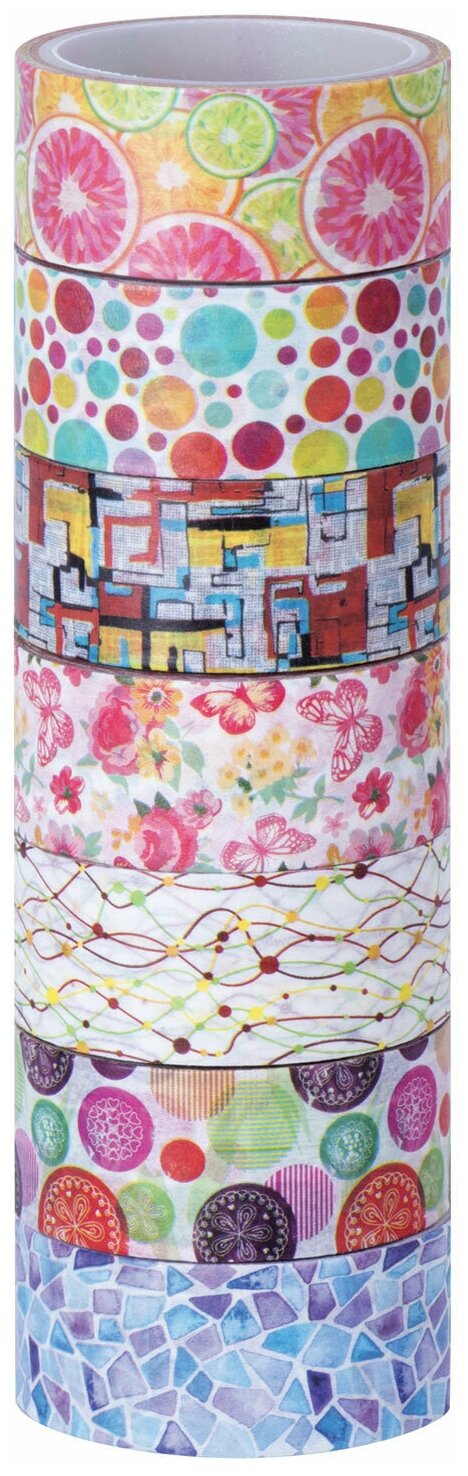 Клейкие WASHI-ленты для декора "Микс №2", 15 мм х 3 м, 7 цветов, рисовая бумага, остров сокровищ, 661710 Комплект - 4 шт.