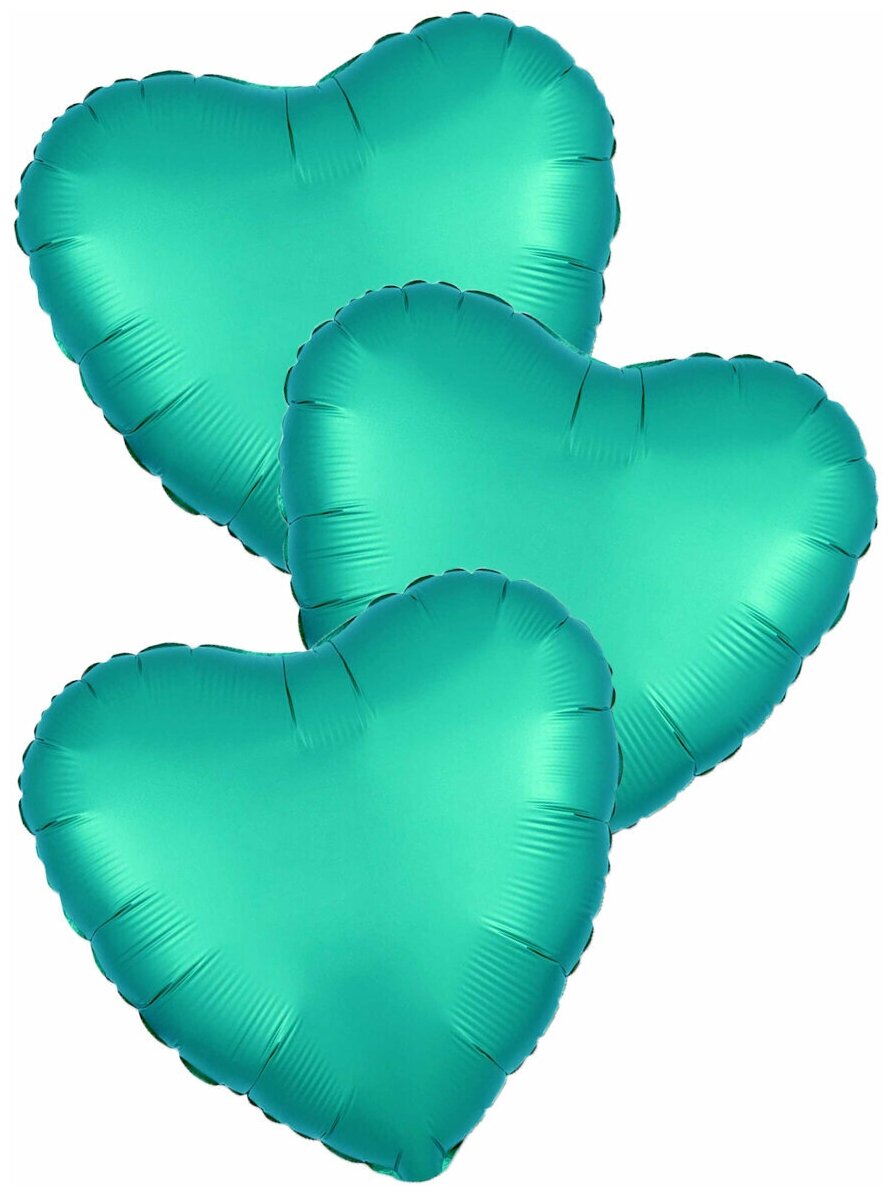 Воздушные шары фольгированные Agura Сердца, Сатин, Бирюзовый (Тиффани), 46 см, набор 3 шт