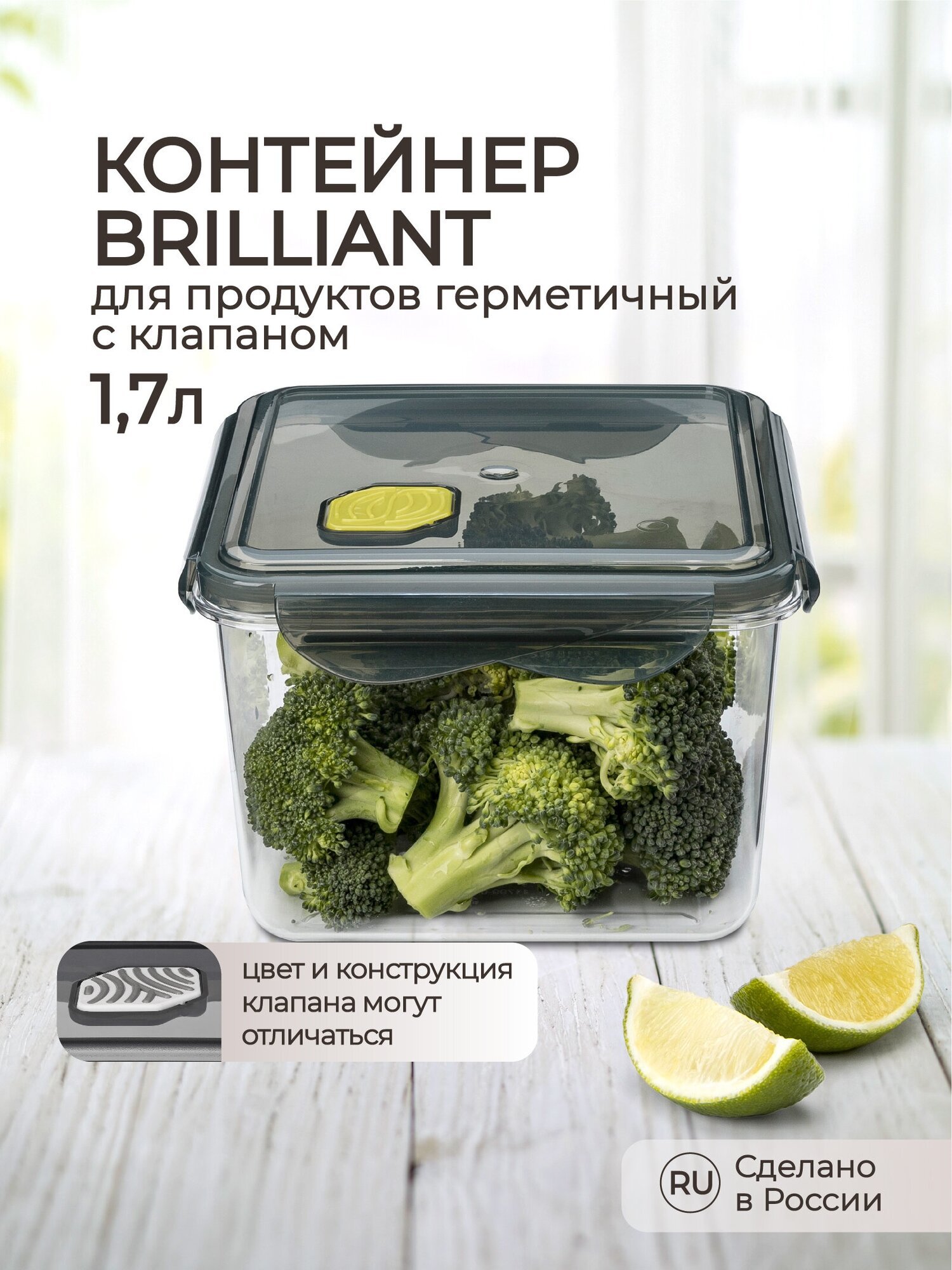 Контейнер для продуктов герметичный с клапаном BRILLIANT квадратный 1,7л (черный)