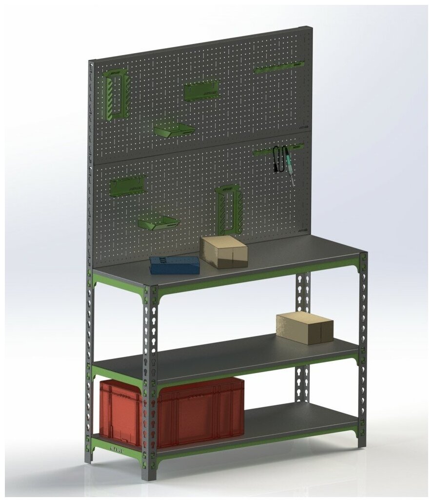 Стол-верстак 950х1000х500 (две полки) + двойная перфопанель с комплектом аксессуаров