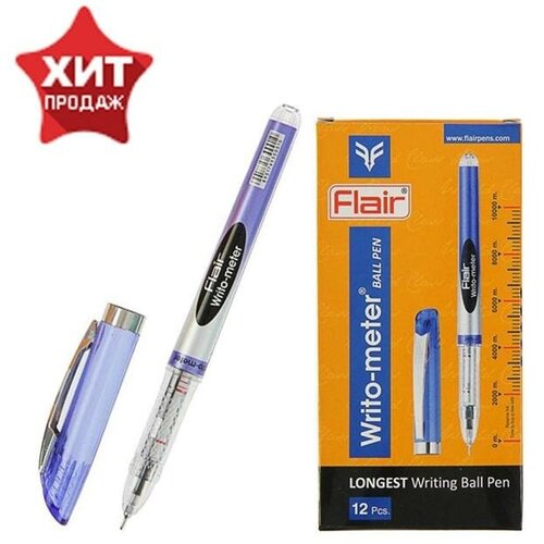 Ручка шариковая Flair Writo-Meter, узел- игла 0,6 мм (пишет 10 км) масляная основа, шкала на стержне, синяя, 12 штук