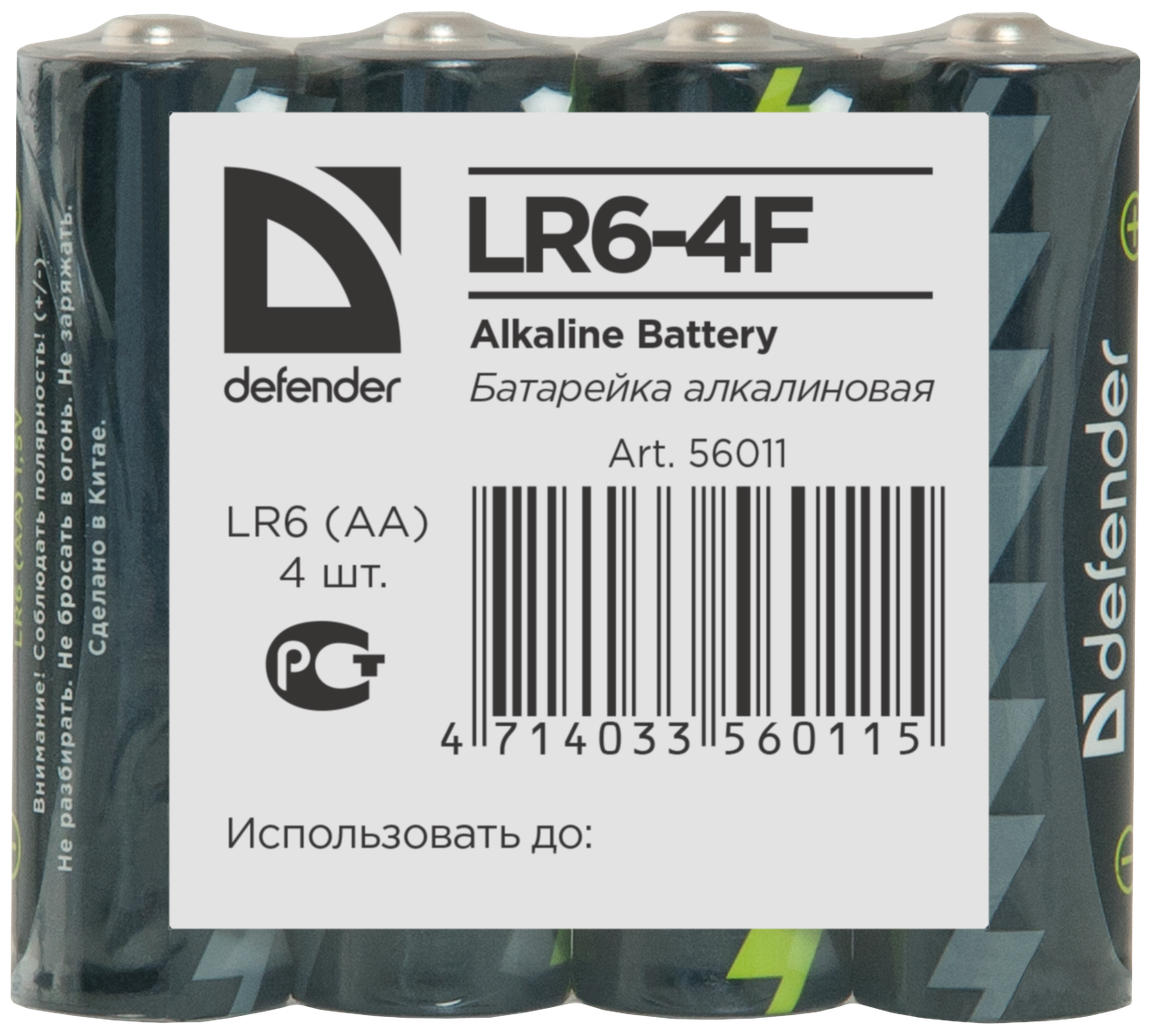 Батарейка AA щелочная Defender LR6-4F alkaline, в термоплёнке 4шт.