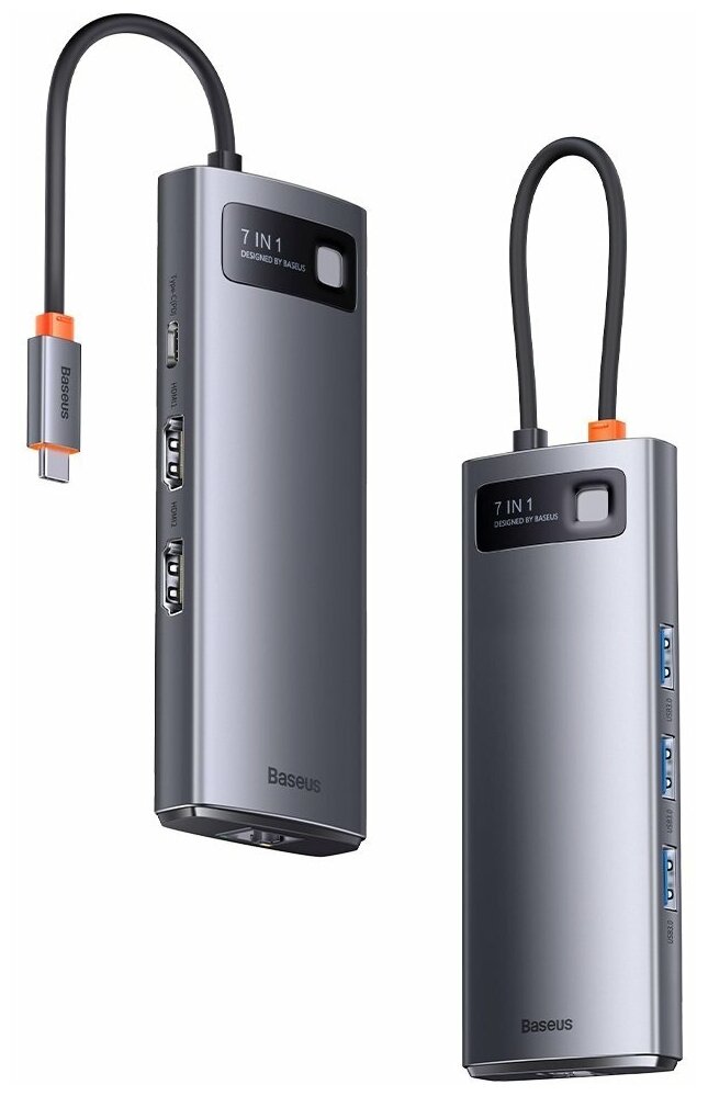 Хаб /Док-станция Baseus Metal Gleam серии 7-в-1 USB Type C HUB - 2 x HDMI / 3 x USB 3.2 Gen. 1 / 1 x Источник питания / 1 x RJ-45 Ethernet серый