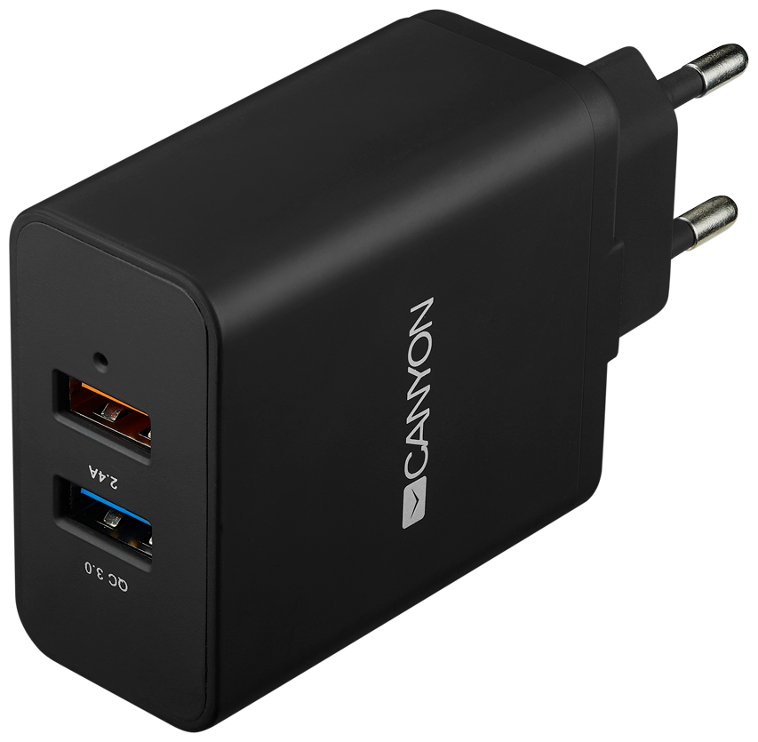 Сетевое зарядное устройство с технологией быстрой зарядки Canyon Н-07, 1*USB 5V/2.4A Smart IC; 1*USB QC 3.0 3.6-6.5V/3А, 6.5V-9V/2A, 9V-12V/1.5A, черный