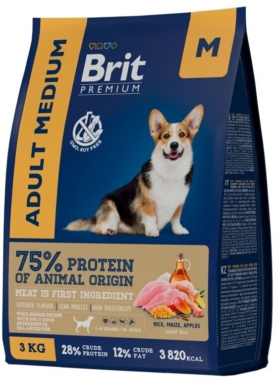 Brit Premium Dog Adult Medium корм сухой для взрослых собак с курицей 1шт - 3кг