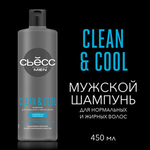 СЬЕСС Шампунь мужской Clean & Cool для нормальных и жирных волос, глубокое очищение, 450 мл