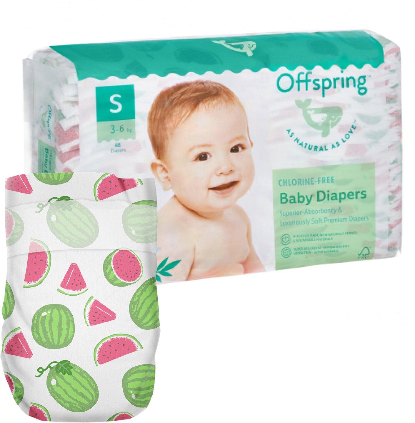 Offspring подгузники, S 3-6 кг. 48 шт. расцветка Арбузы, OF01S48WML