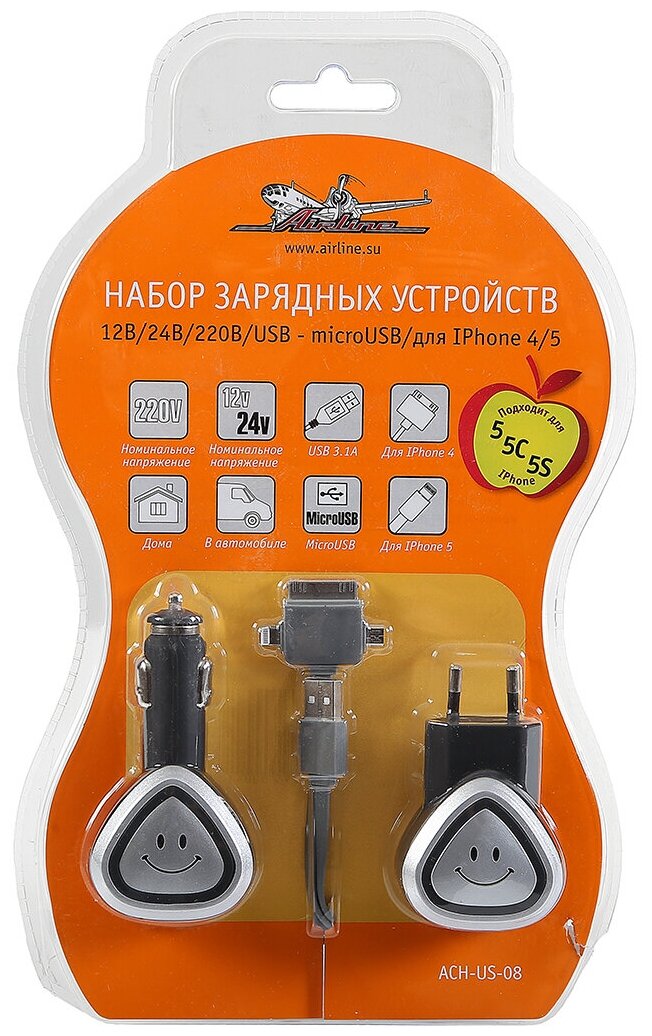 Ach-Us-08_Устройство Зарядное !Набор 12В/24В/220В/Usb, Microusb/Lightning/30-Pin AIRLINE арт. ACHUS08