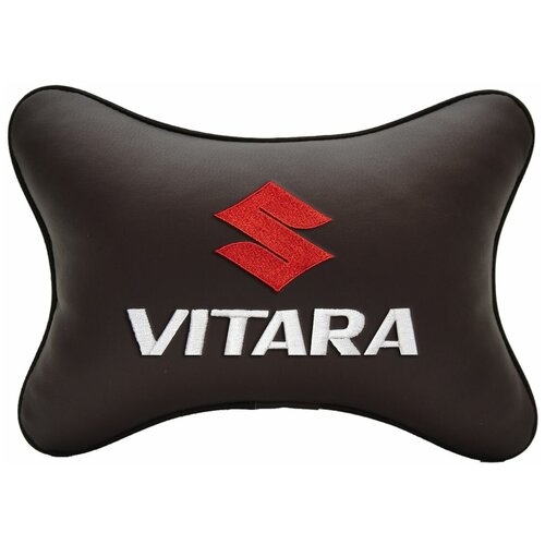 Автомобильная подушка на подголовник экокожа Coffee с логотипом автомобиля SUZUKI VITARA