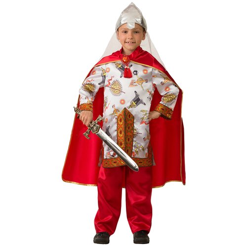 фото Костюм богатырь сказочный детский батик 32 (128 см) (рубаха, брюки, плащ, шлем, меч)