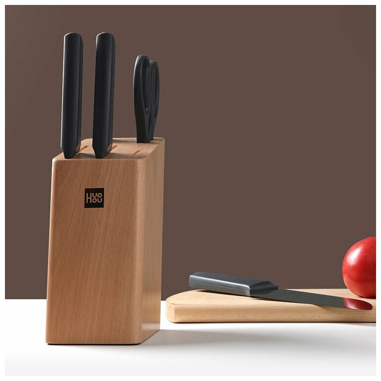Набор стальных ножей (4 ножа + ножницы + деревянная подставка из бука) HuoHou 6-Piece Kitchen Knife Set Lite (HU0057), русская версия!!!, черный - фотография № 14