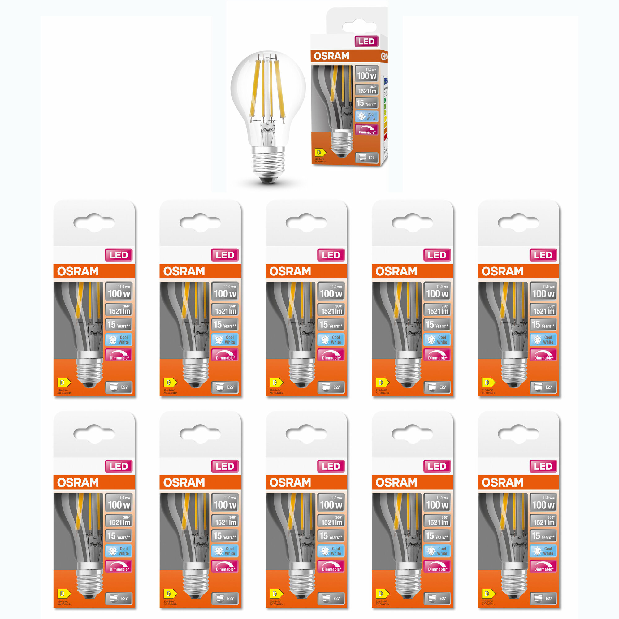 Лампочка светодиодная OSRAM Груша прозрачная 12W=100W 220V E27 1521Лм Диммируемая Филаментная 4000K, упаковка 10шт