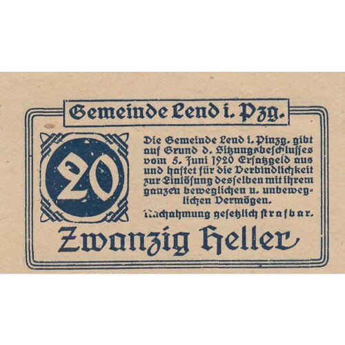 Австрия, Ленд-им-Пинцгау 20 геллеров 1920 г. австрия эшенау им пинцгау 50 геллеров 1920 г 1