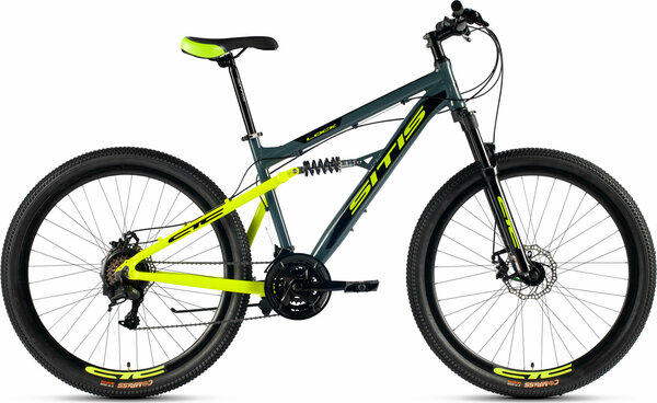 Велосипед горный SITIS LOCK 27,5" (2023), full-suspension, взрослый, мужской, алюминиевая рама, 21 скорость, дисковые механические тормоза, цвет Dark Grey-Green-Black, серый/зеленый/черный цвет, размер рамы 17", для роста 170-180 см
