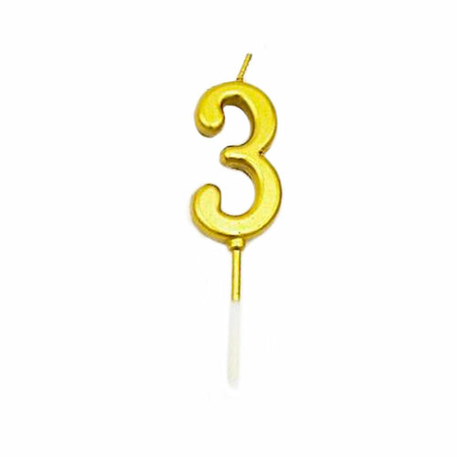Свеча для торта Золотая, в форме цифры 3 (парафин) / 2,5x4,5см, 90498