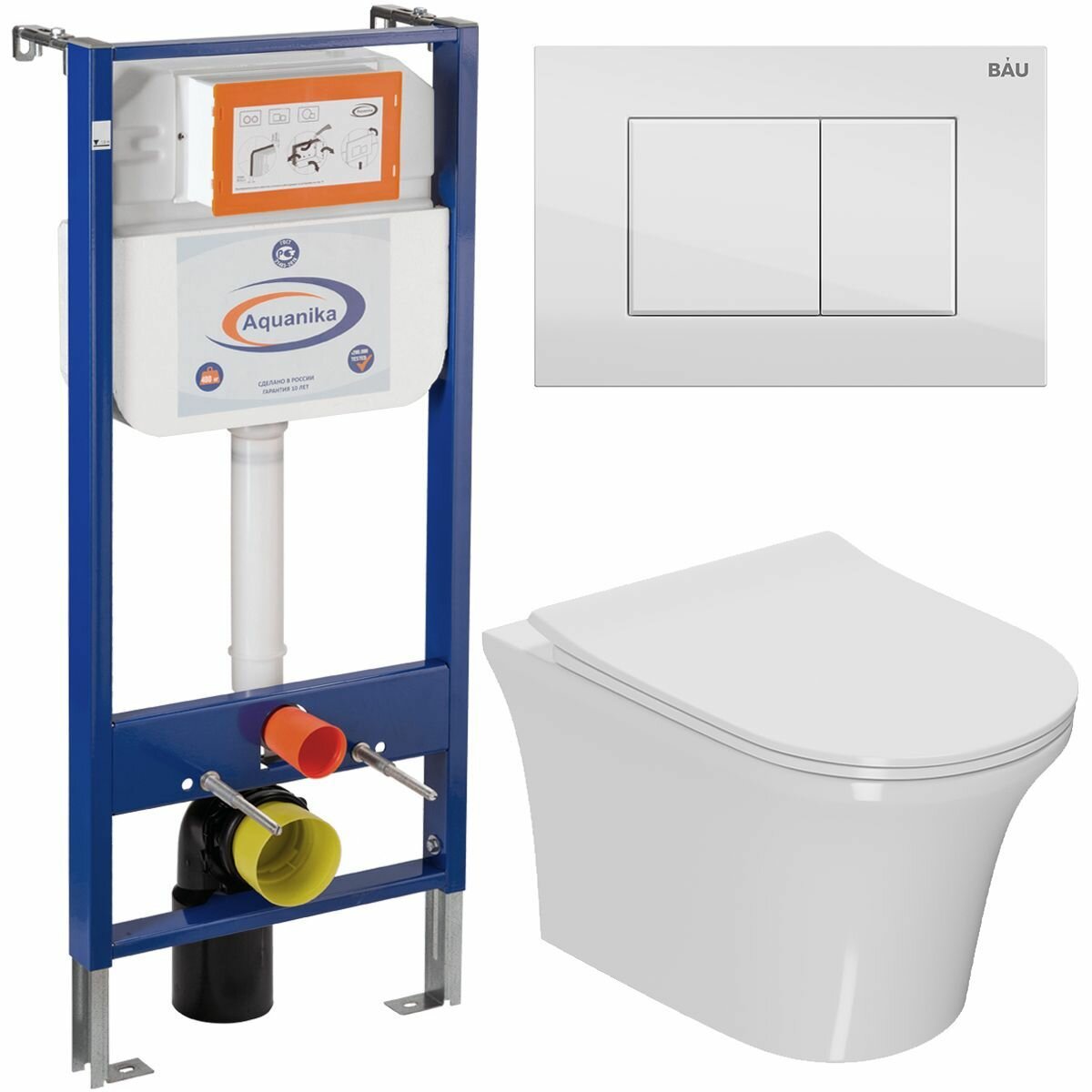 фото Комплект BAU 6 в 1: инсталляция BAU Aquanika, унитаз безободковый Bau Spectrum PRO, сиденье микролифт, прямоугольная белая клавиша