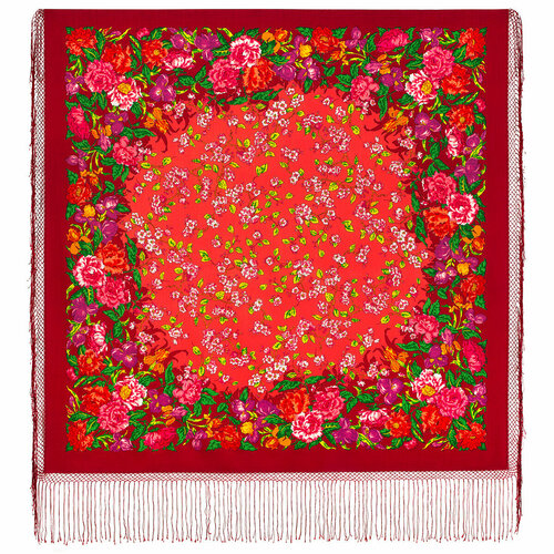 фото Платок павловопосадская платочная мануфактура, шерсть, с бахромой, 148х148 см, красный, розовый