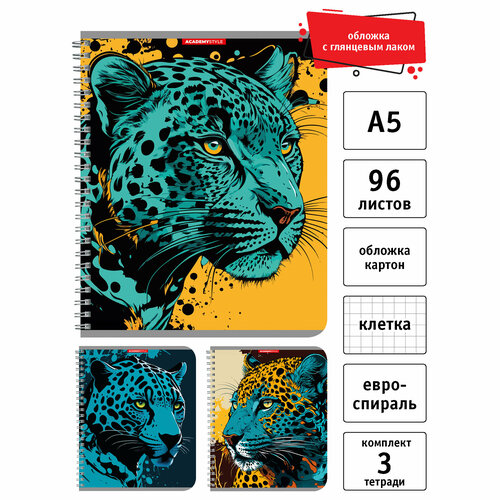 Тетрадь А5, 96 листов, на евроспирале, клетка, Academy Style, 3 шт, 14613