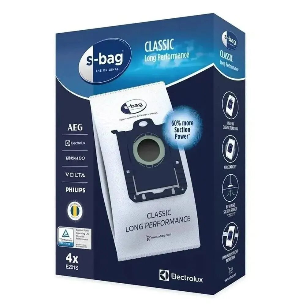 Мешки для пылесосов Philips и Electrolux E201S S-Bag Classic Long Performance, 4 шт