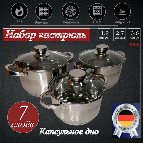 Набор кастрюль с толстым дном, из нержавеющей стали металлический, с крышкой, для индукции, кухонная утварь