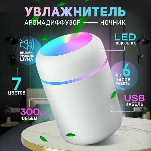 Увлажнитель воздуха воздухоочиститель маленький с увлажнителем ультразвуковой Аромадиффузор c LED подсветкой настольный Ночник в детскую с режимом увлажнения Портативный увлажнитель для дома и офиса Увлажнитель-освежитель для авто белый 649₽