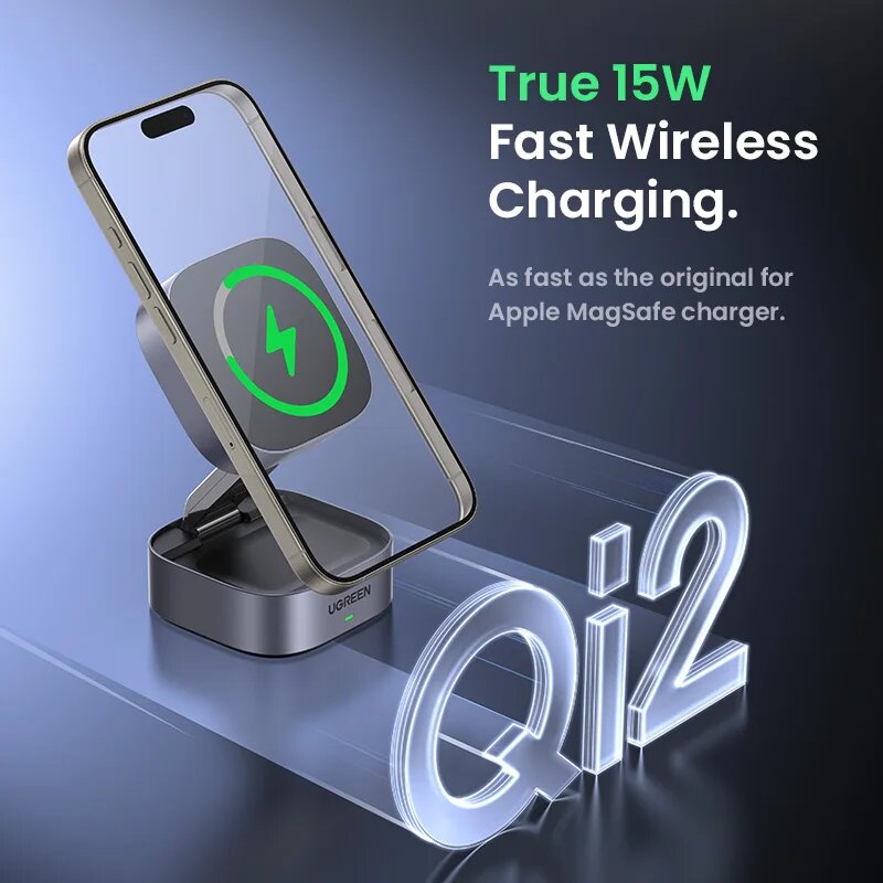 UGREEN Qi2 15 Вт Магнитная подставка для беспроводного зарядного устройства Подставка для зарядки 2-в-1 для iPhone 16 17 Pro Max/AirPods для быстрого зарядного устройства MagSafe, Qi — фото 1